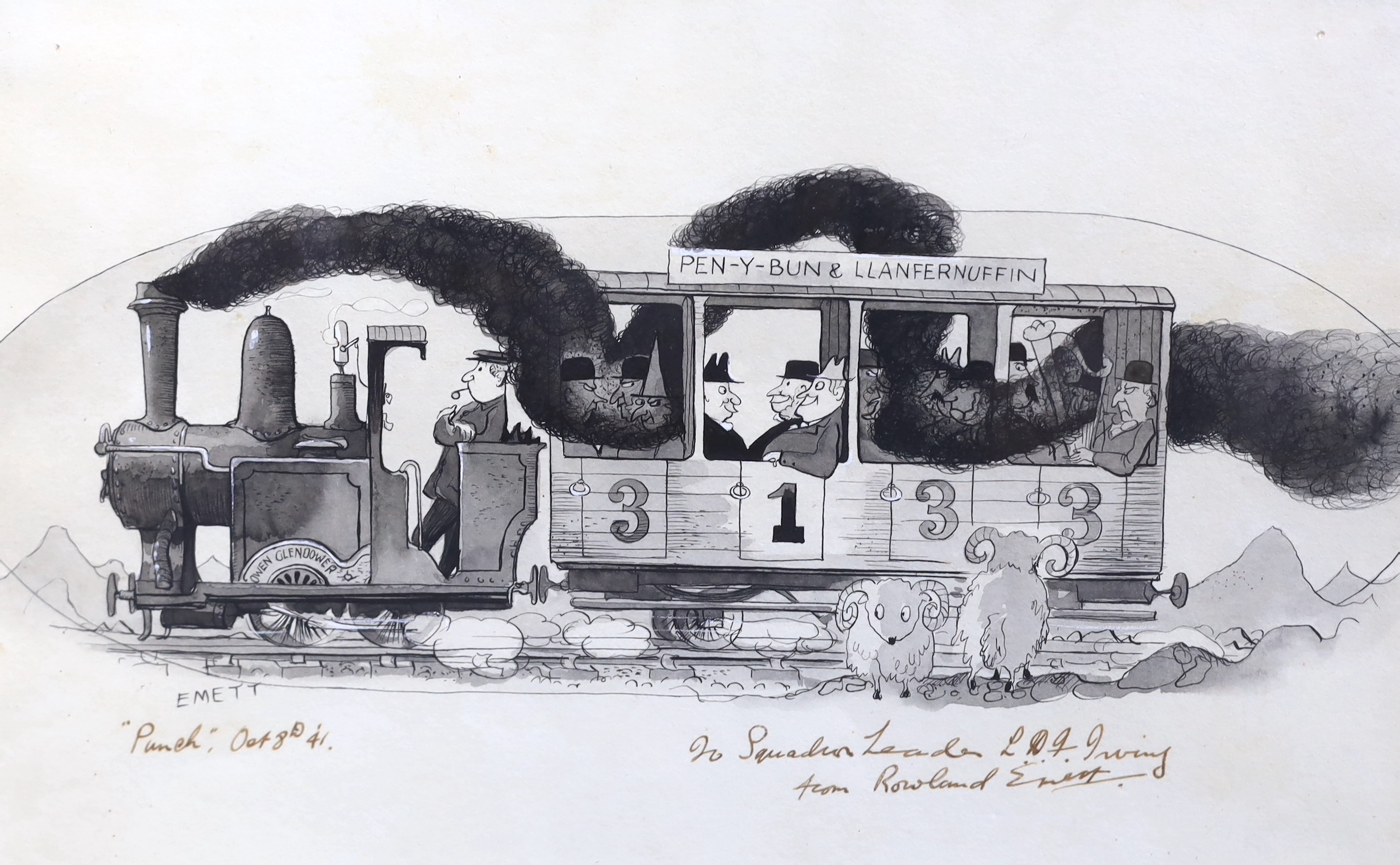 Frederick Rowland Emett (English, 1906-1990), 'The Pen-Y-Bun & Llanfernuffin train', pen and ink with bodycolour, 20 x 31.5cm